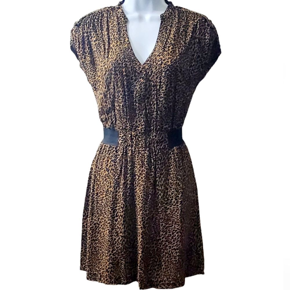 Guess Womens Cinched Waist Leopard Print Shortsleeve Shirt Dress